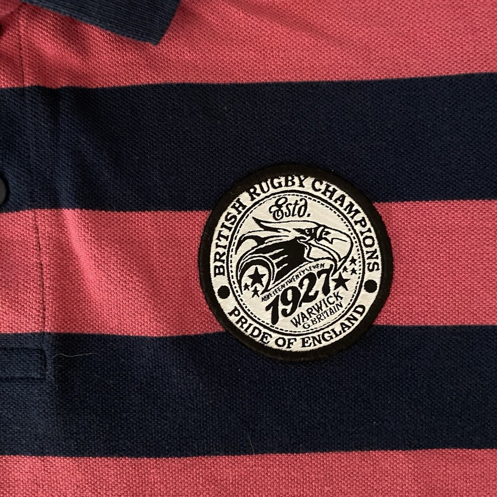 Y2K British Rugby Polo Mens Medium Pink Blue Striped Warwick Britain England Max - Picture 4 of 12